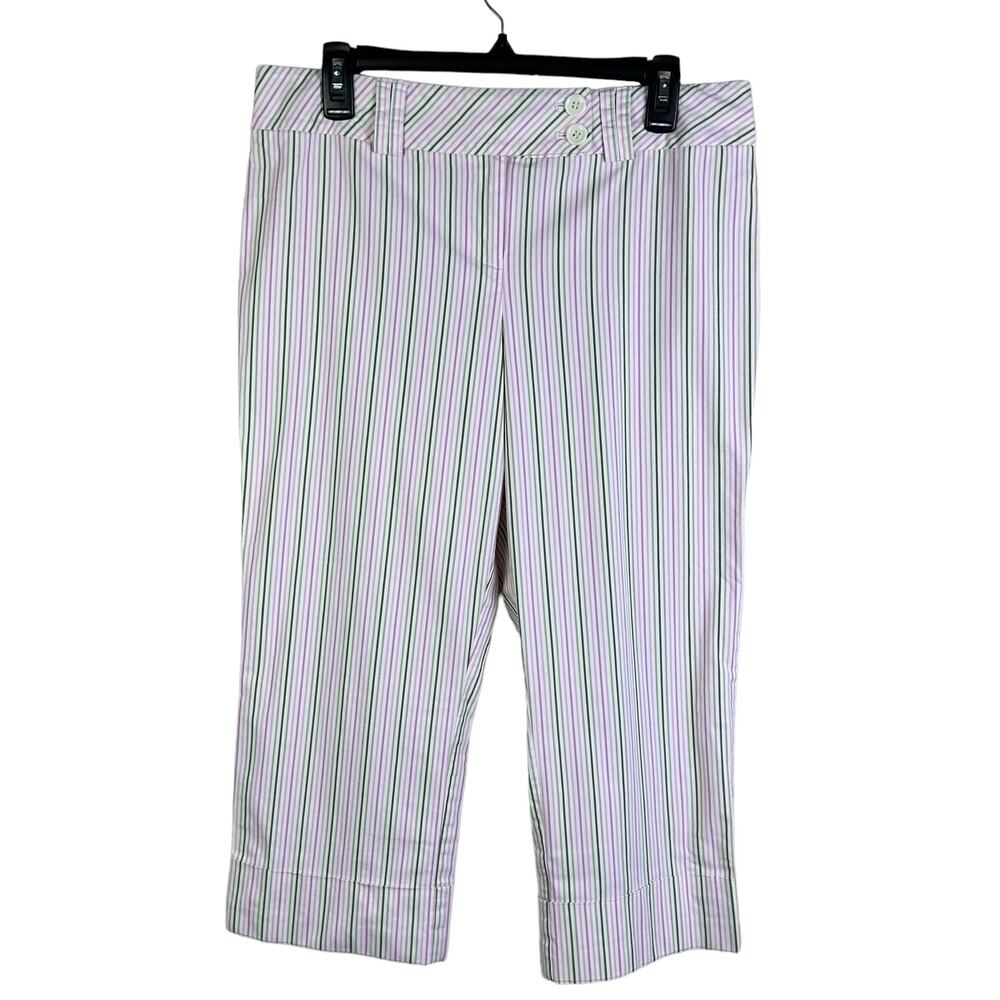 Ann Taylor Loft Capri Pants Women Size 10 Cuffed White Pink Green Stripes